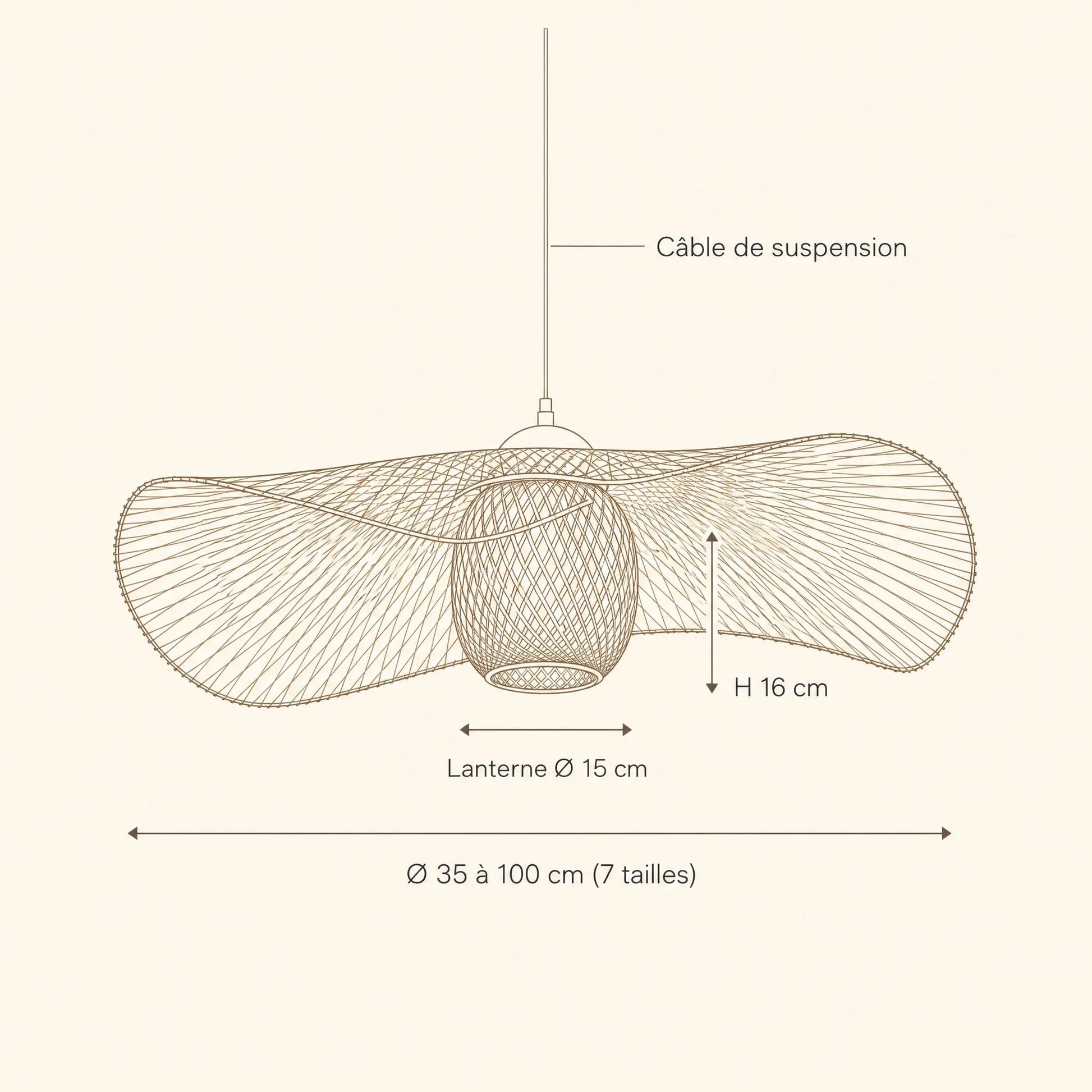 Schéma coté de la suspension bambou Takenya, Ø 35 à 100 cm, lanterne Ø 15 cm | Delvanie