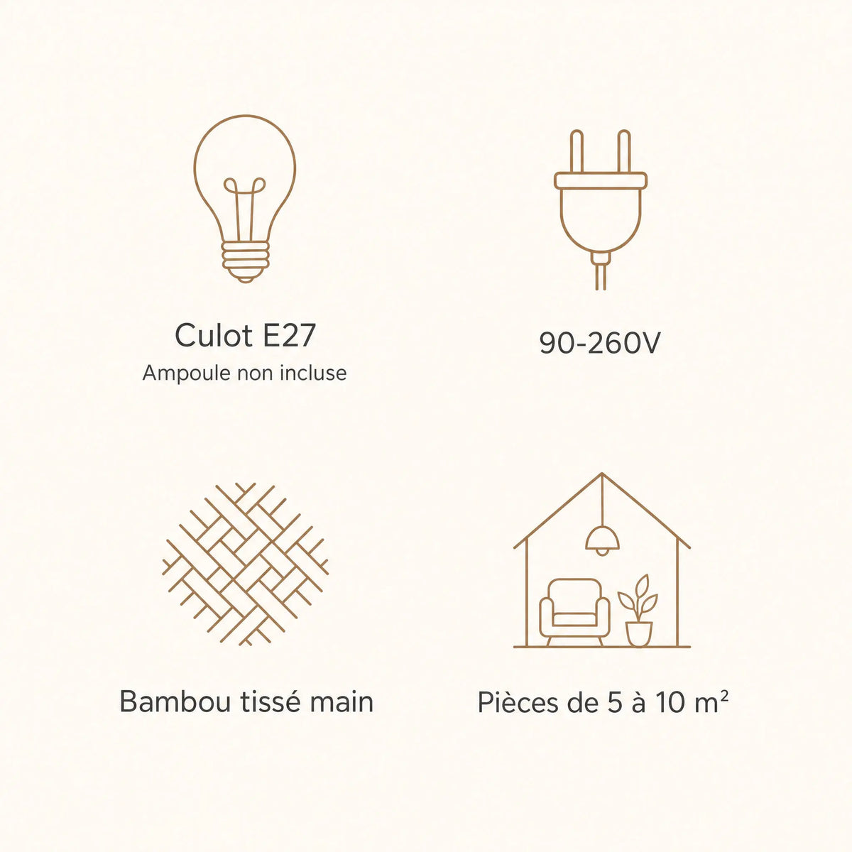 Caractéristiques de la suspension bambou Takenya, culot E27, 90-260V, bambou tissé main | Delvanie