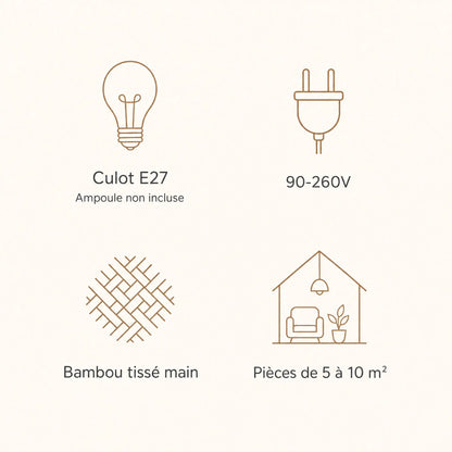Caractéristiques de la suspension bambou Takenya, culot E27, 90-260V, bambou tissé main | Delvanie