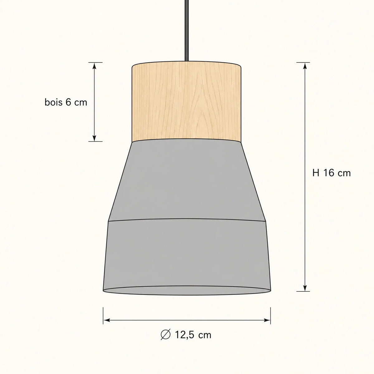 Schéma coté de la suspension béton, diamètre 12,5 cm et hauteur 16 cm | Delvanie