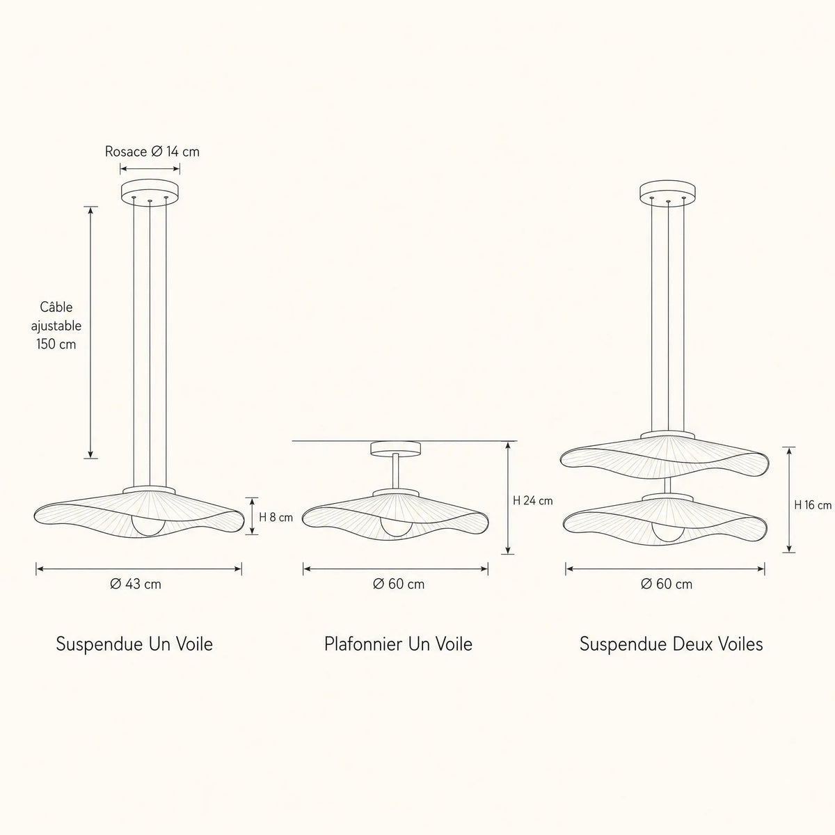 Schéma coté Namiyo : suspendue un voile Ø 43 cm, plafonnier un voile Ø 60 cm, suspendue deux voiles Ø 60 cm | Delvanie