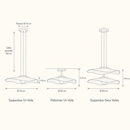 Schéma coté Namiyo : suspendue un voile Ø 43 cm, plafonnier un voile Ø 60 cm, suspendue deux voiles Ø 60 cm | Delvanie