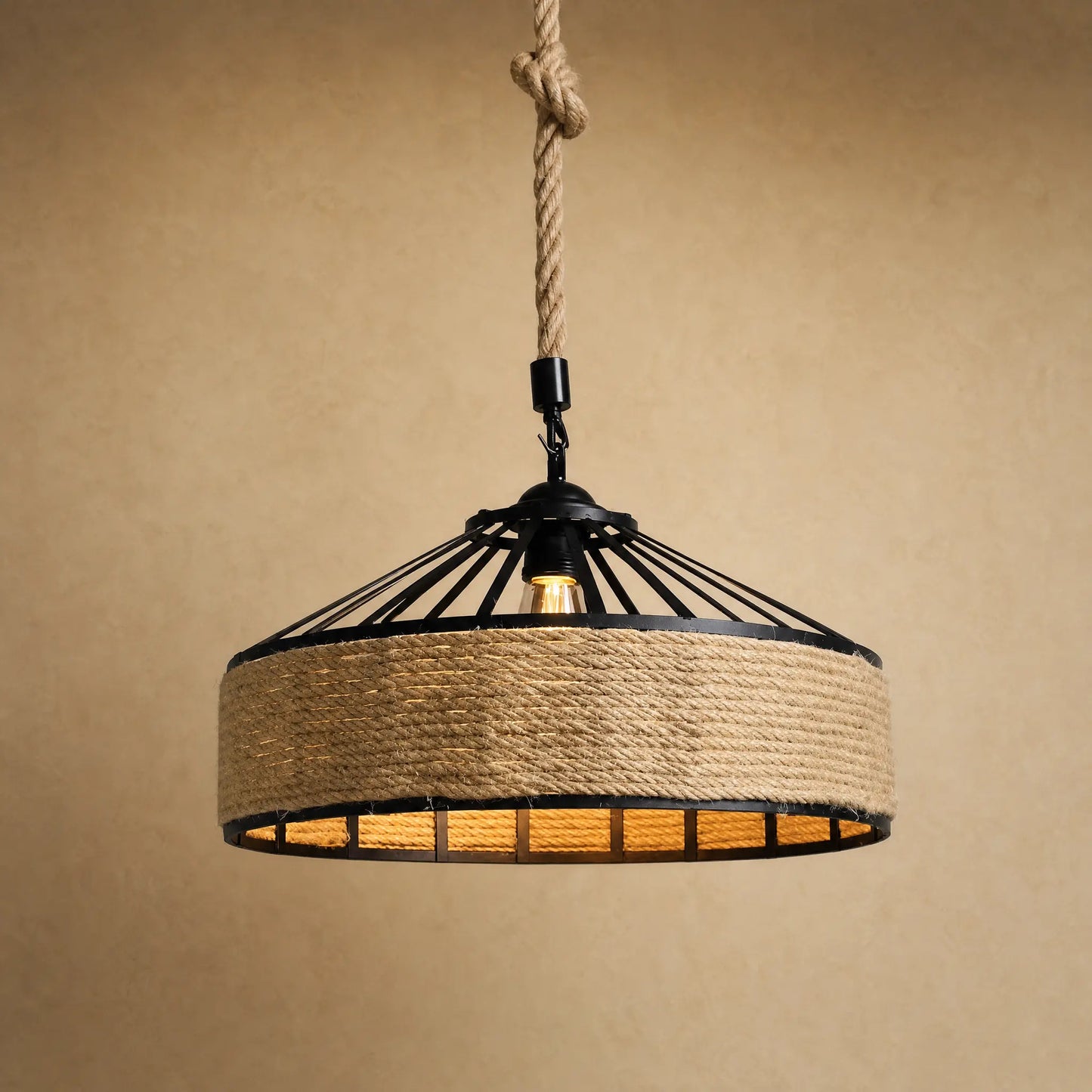 Suspension corde de chanvre Chanvéa, tambour tressé et fer noir, fond minéral beige | Delvanie