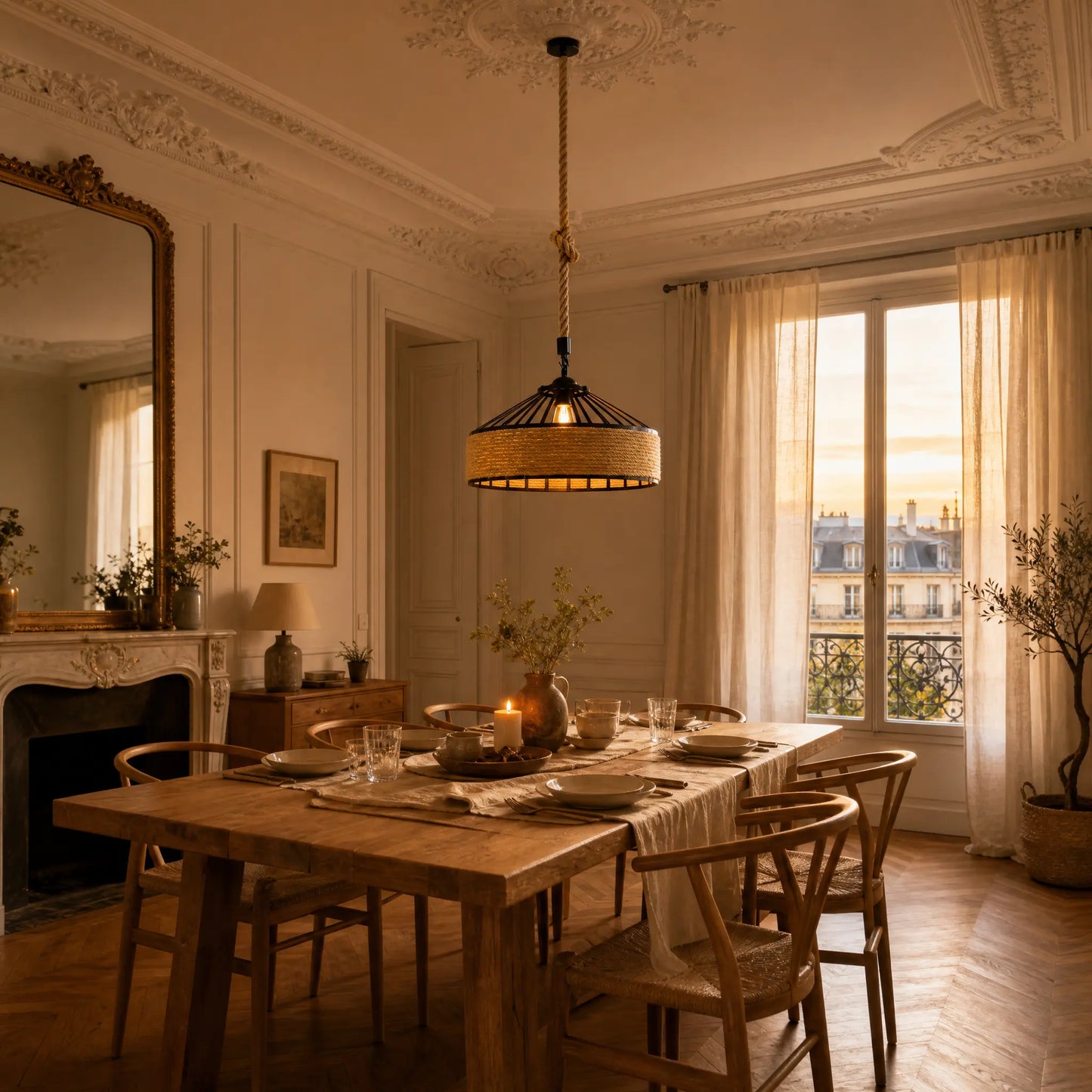 Suspension corde Chanvéa allumée au-dessus d'une table de salle à manger haussmannienne | Delvanie