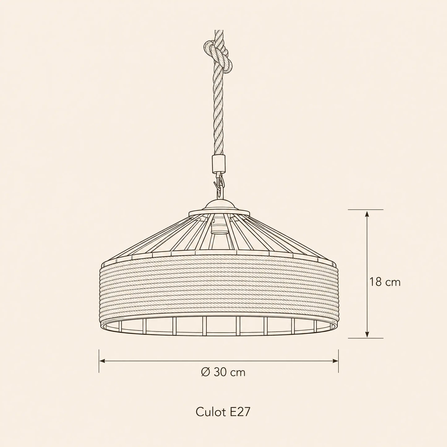 Schéma coté de la suspension corde Chanvéa, Ø 30 cm et 18 cm de hauteur | Delvanie