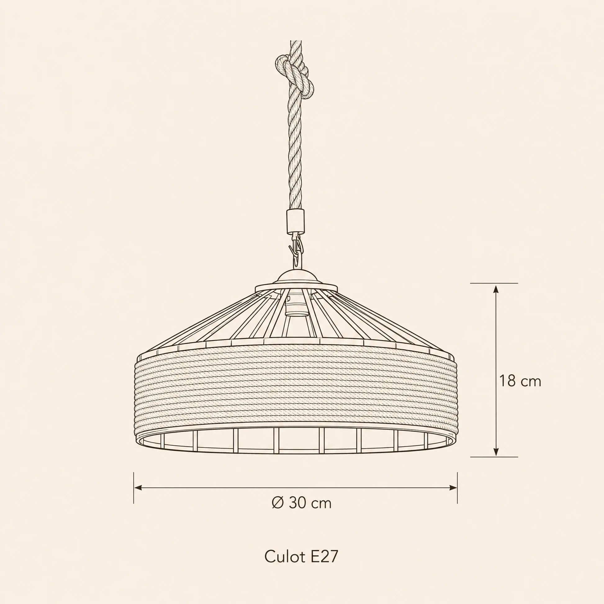 Schéma coté de la suspension corde Chanvéa, Ø 30 cm et 18 cm de hauteur | Delvanie
