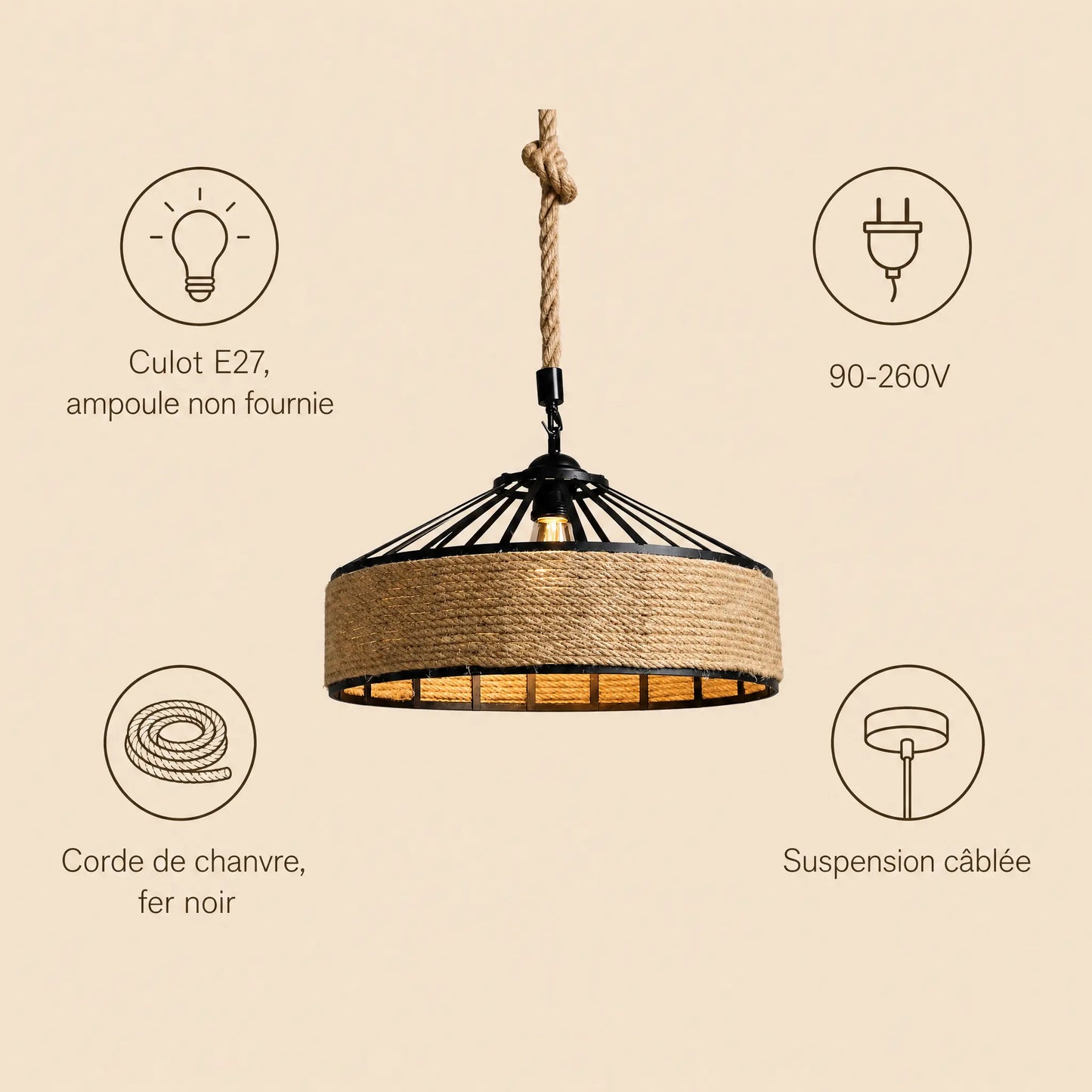 Caractéristiques de la suspension corde Chanvéa : culot E27, 90-260V, chanvre et fer noir | Delvanie