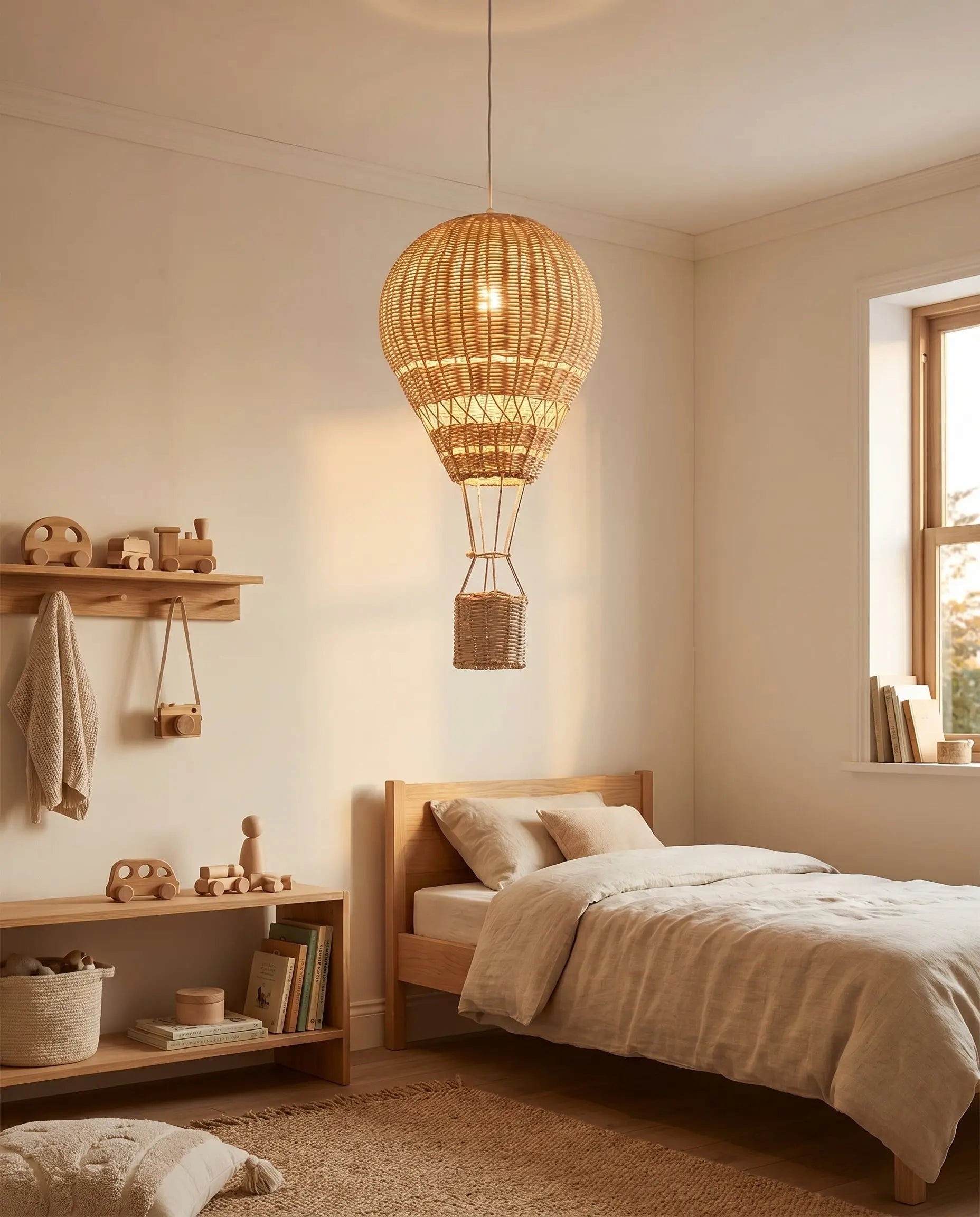 Suspension enfant rotin montgolfière LED dimmable Ballora, suspendue dans une chambre cosy le soir