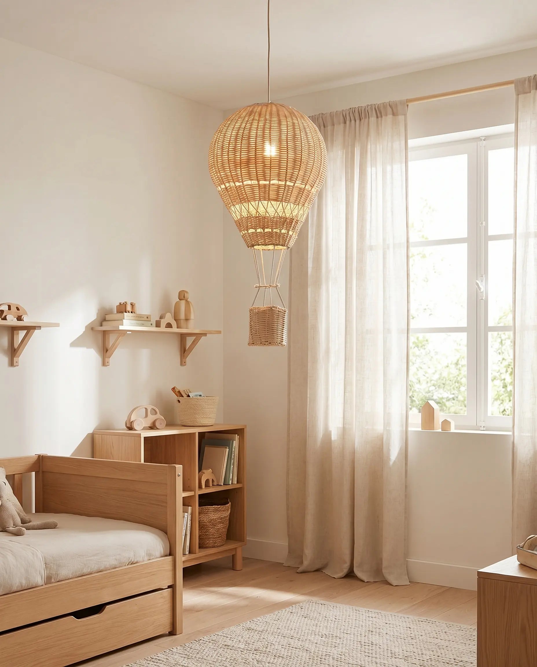 Suspension enfant rotin montgolfière LED dimmable Ballora, suspendue dans une chambre lumineuse le jour