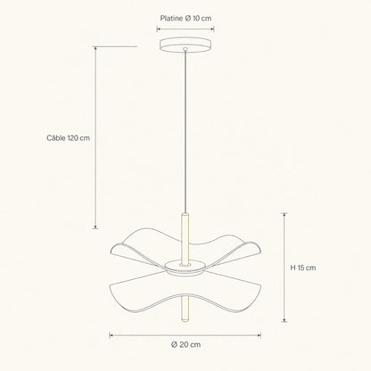 Schéma coté de la suspension fleur Ninfélis, abat-jour Ø 20 cm, hauteur 15 cm, platine Ø 10 cm, câble 120 cm | Delvanie