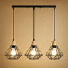 Suspension industrielle 3 têtes alignées, cage diamant en fer noir et bois clair | Delvanie