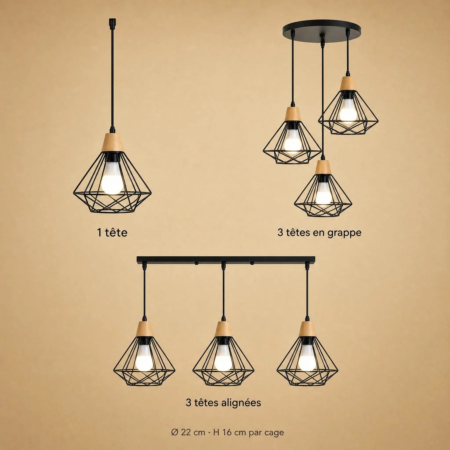 Les trois configurations de la suspension Sorenya : 1 tête, 3 têtes alignées, 3 têtes en grappe | Delvanie