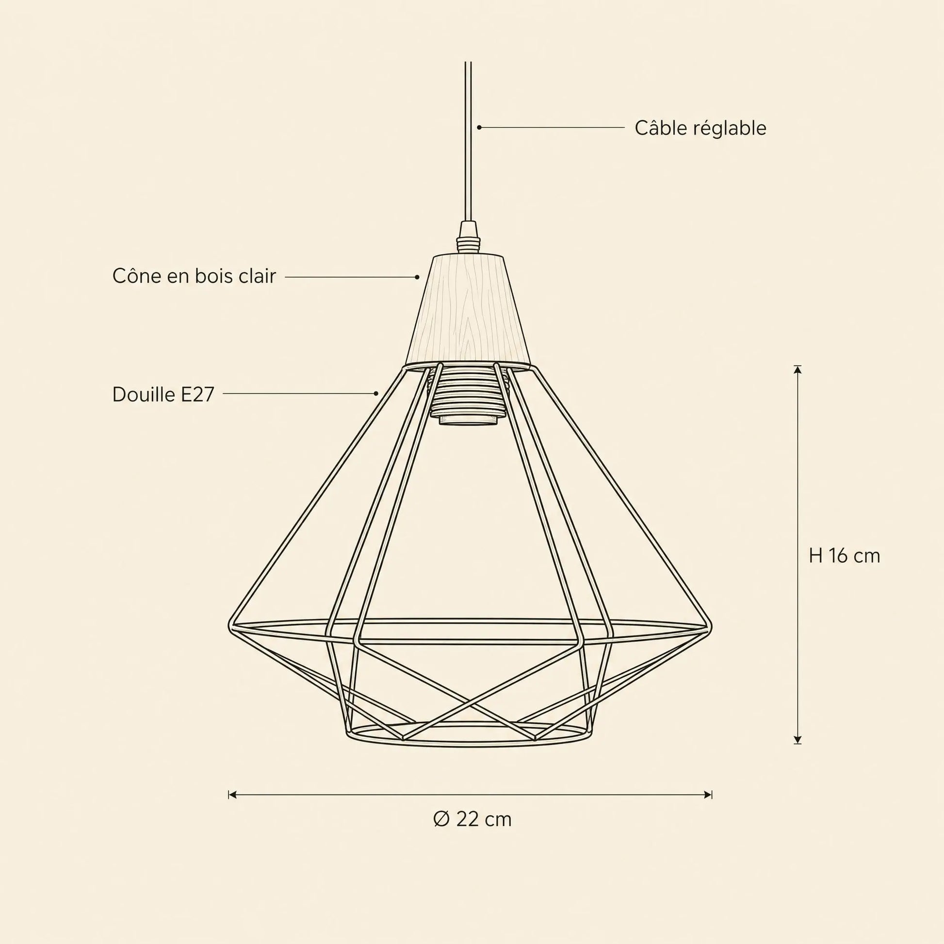 Dimensions de la suspension Sorenya : cage Ø 22 cm et H 16 cm, douille E27 | Delvanie