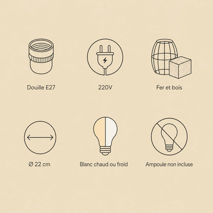 Caractéristiques de la suspension Sorenya : douille E27, 220V, fer et bois, ampoule non incluse | Delvanie