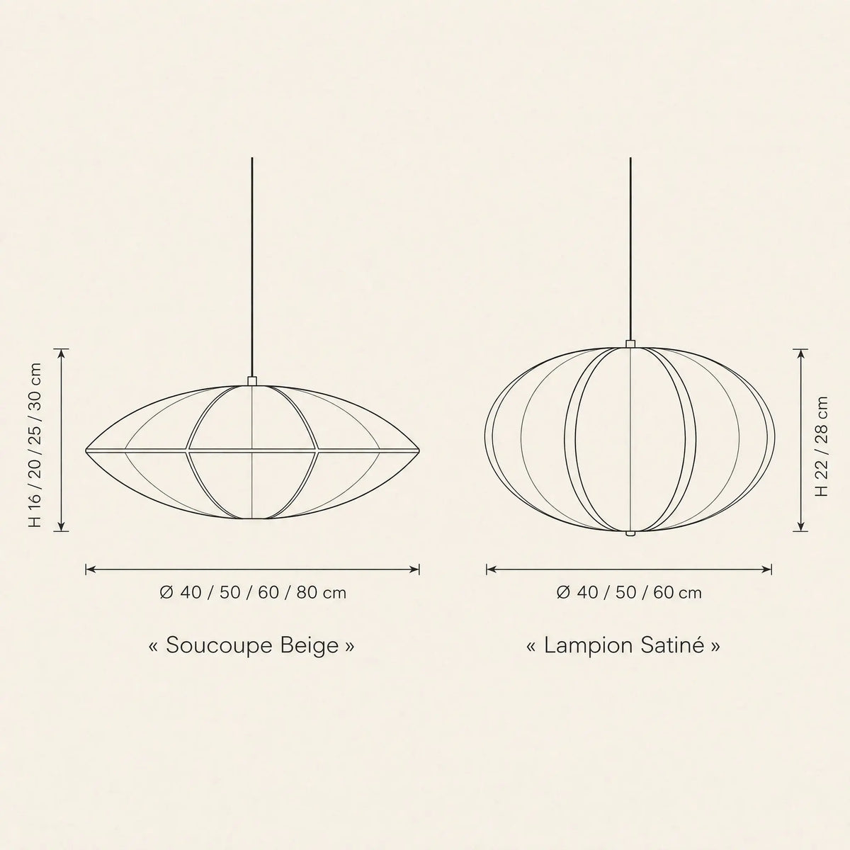 Schéma coté de la suspension japonaise Sétaya, formes Soucoupe Beige et Lampion Satiné | Delvanie