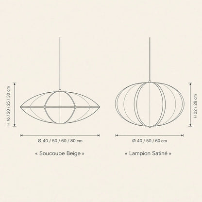 Schéma coté de la suspension japonaise Sétaya, formes Soucoupe Beige et Lampion Satiné | Delvanie
