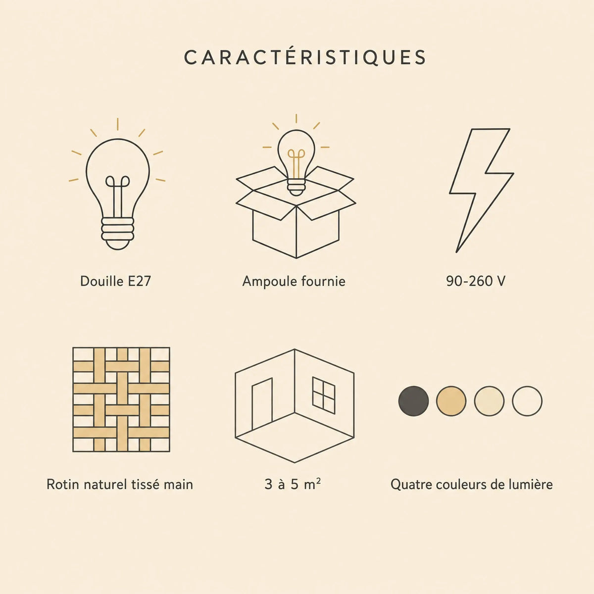 Caractéristiques de la suspension en osier Hanomi, douille E27 et ampoule fournie | Delvanie