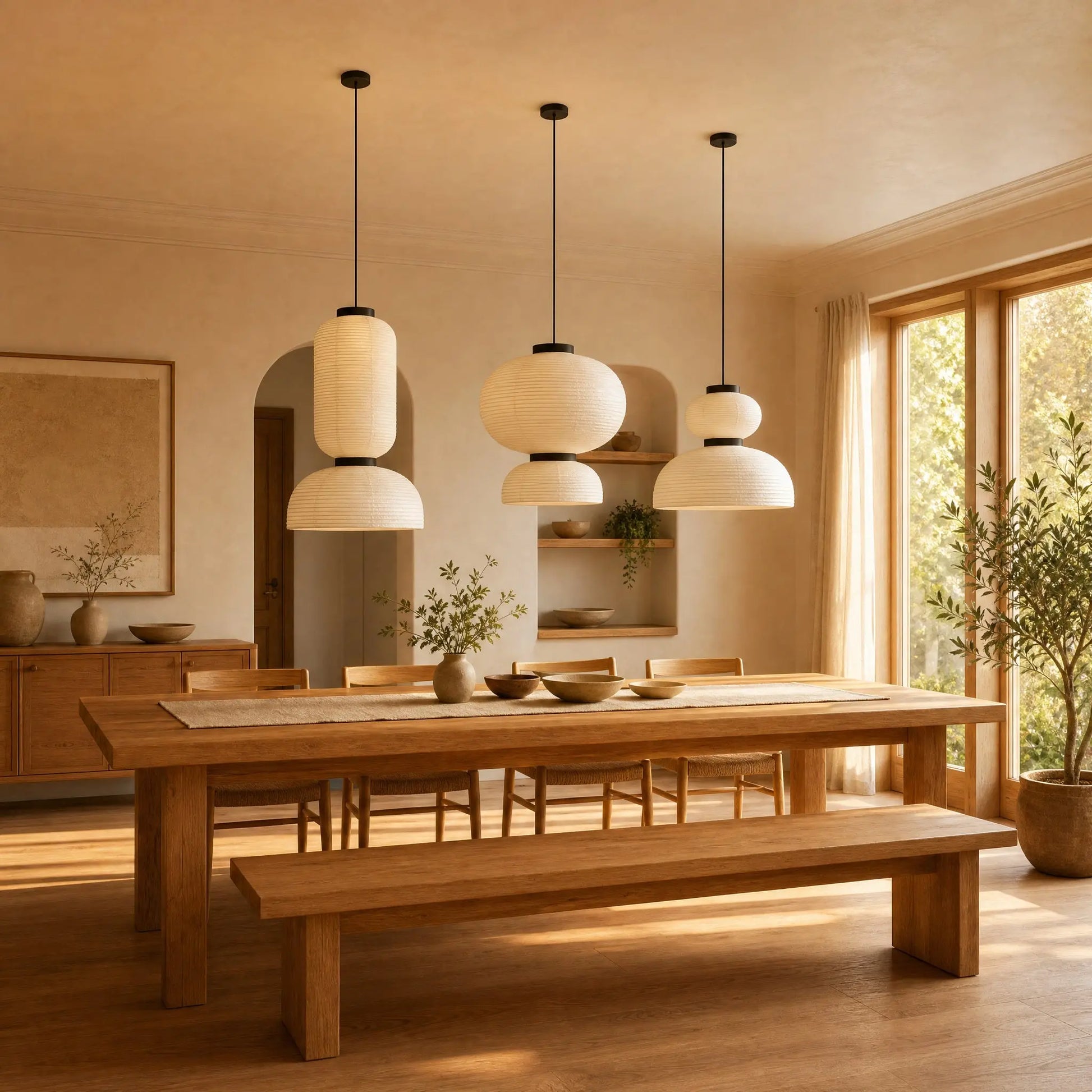 Trio de suspensions papier de riz Karumiya, trois silhouettes au-dessus d'une grande table | Delvanie