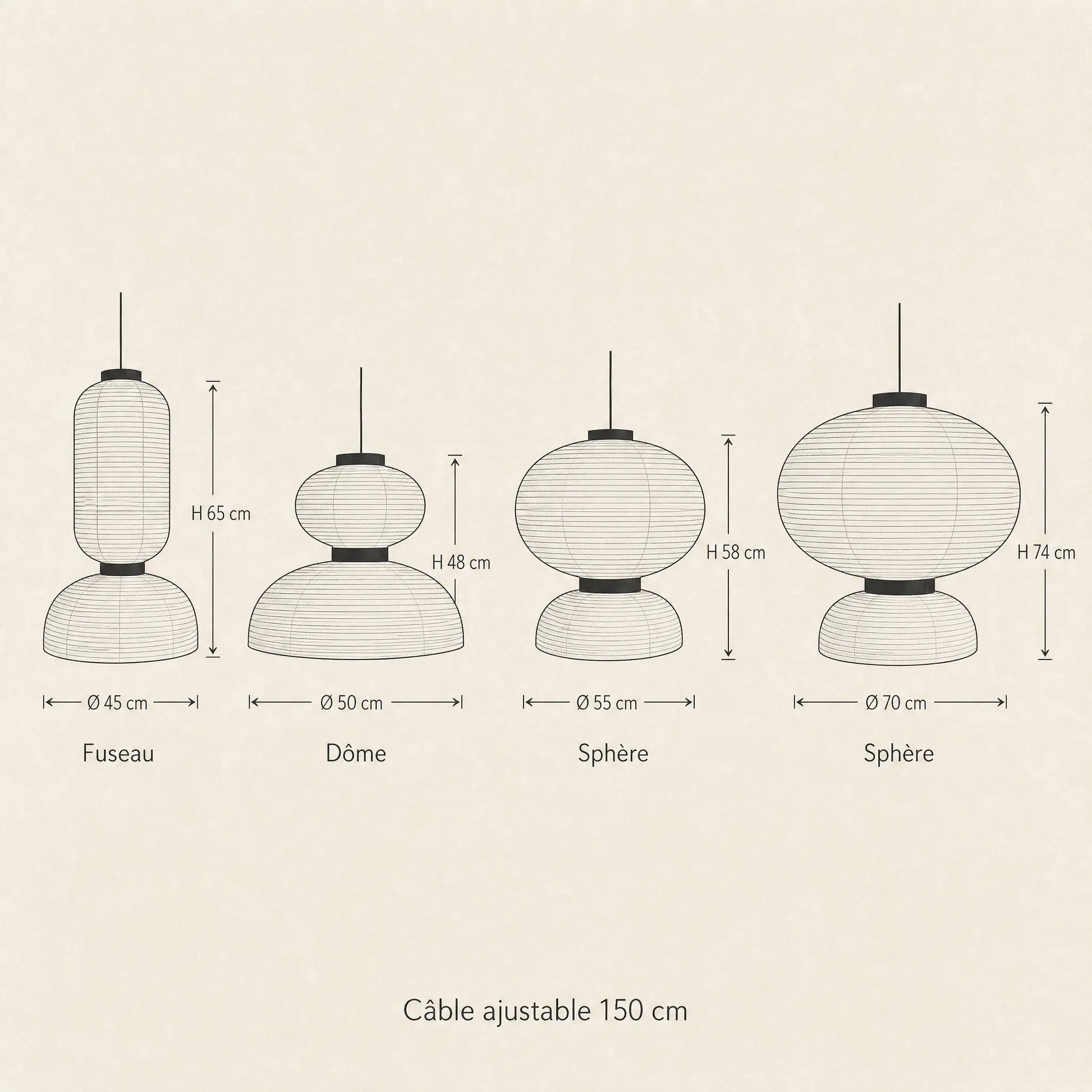 Schéma coté des quatre silhouettes de la suspension papier de riz Karumiya | Delvanie