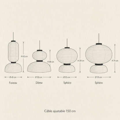 Schéma coté des quatre silhouettes de la suspension papier de riz Karumiya | Delvanie