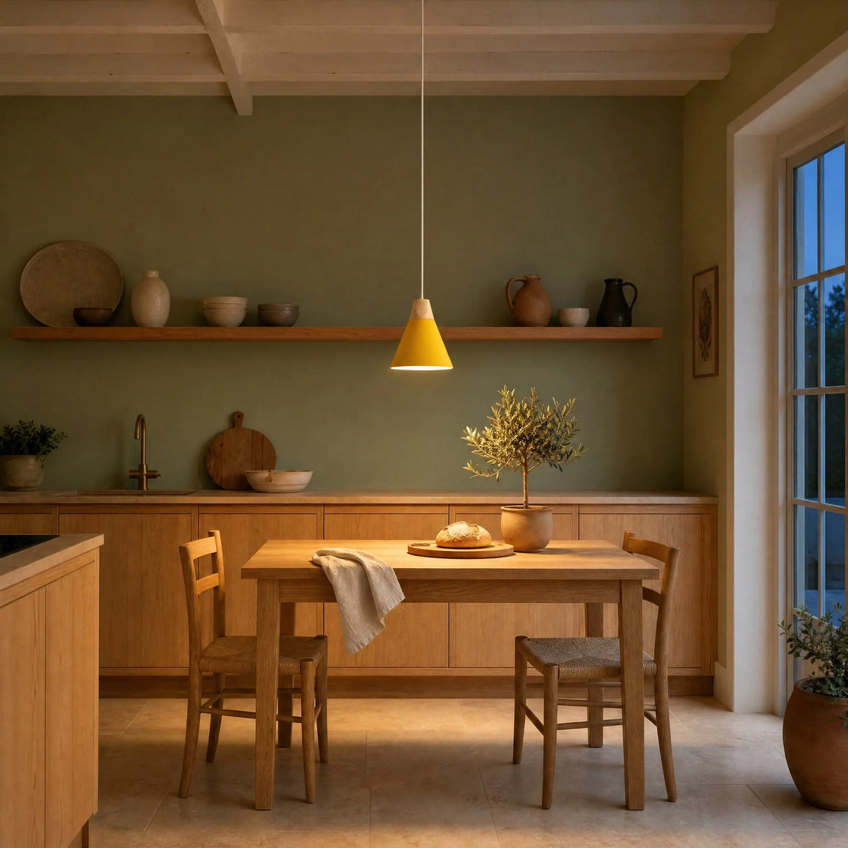 Suspension scandinave Askelya cône jaune allumée au-dessus d'une table de cuisine au mur vert sauge | Delvanie