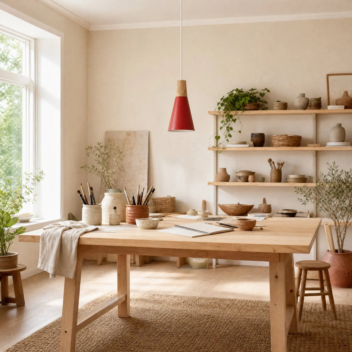 Suspension scandinave Askelya fuseau rouge au-dessus d'une table d'atelier créatif | Delvanie