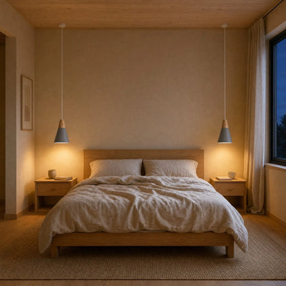 Paire de suspensions scandinaves Askelya fuseau bleu gris en chevets de chambre au crépuscule | Delvanie