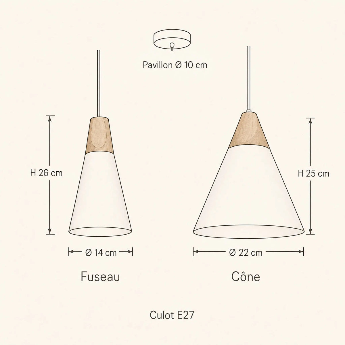 Schéma coté de la suspension scandinave Askelya, fuseau Ø 14 x H 26 cm et cône Ø 22 x H 25 cm | Delvanie