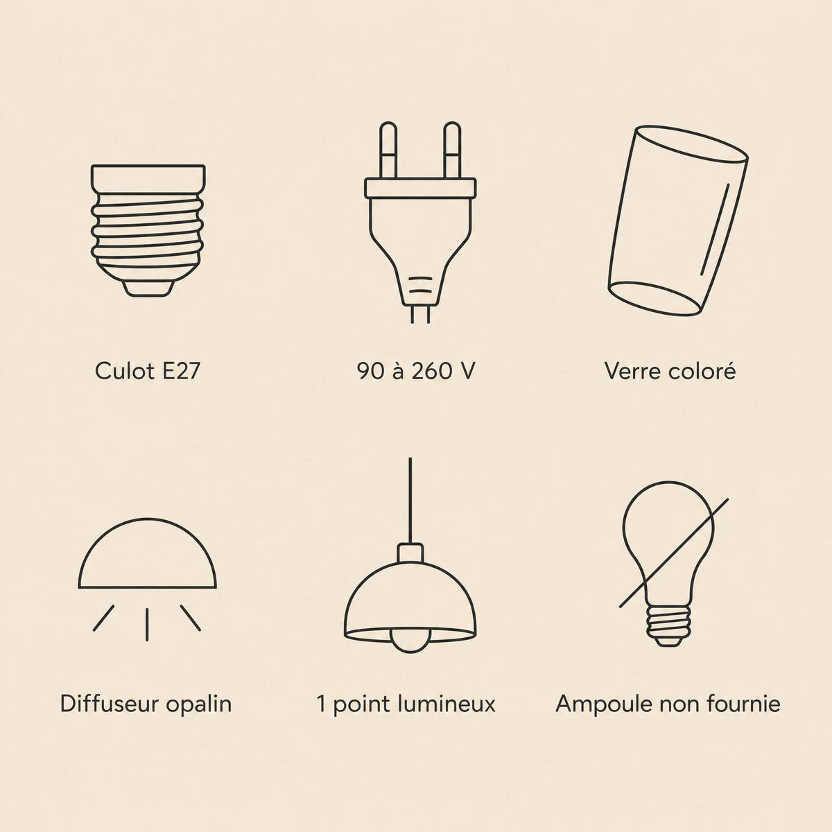 Caractéristiques de la suspension, culot E27, 90 à 260 V, verre coloré, diffuseur opalin | Delvanie