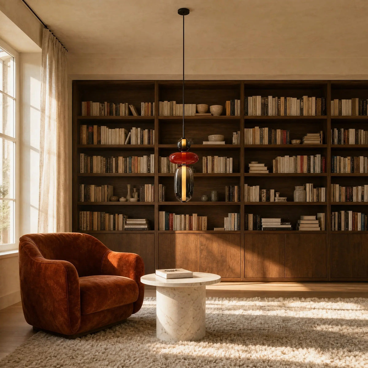 Suspension verre coloré Zuccara allumée au-dessus d'un guéridon de marbre dans un salon bibliothèque