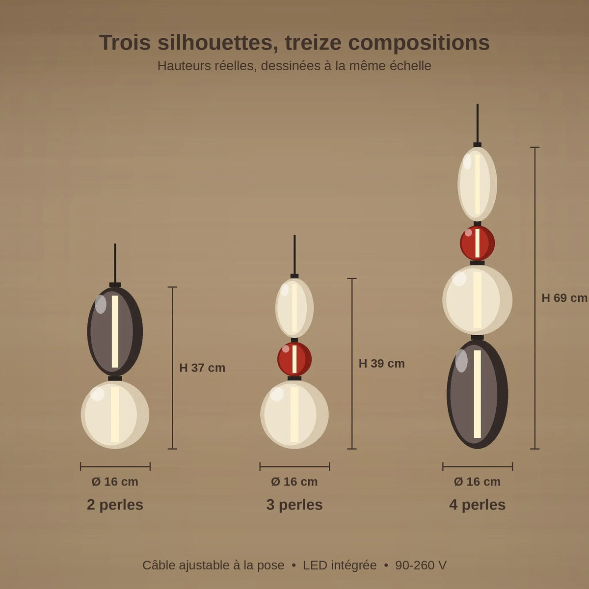 Schéma coté de la suspension verre coloré Zuccara, hauteurs 37, 39 et 69 cm, diamètre 16 cm