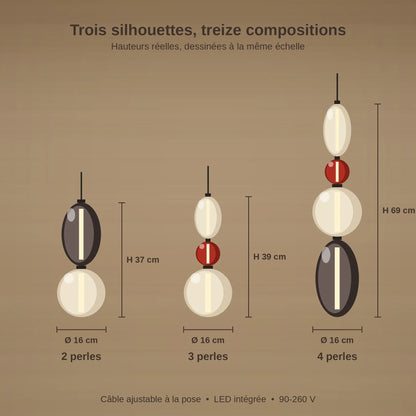 Schéma coté de la suspension verre coloré Zuccara, hauteurs 37, 39 et 69 cm, diamètre 16 cm