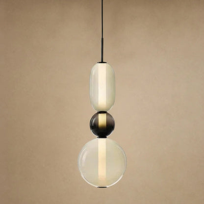 Suspension verre coloré Zuccara, trois perles à bille noire et crème, hauteur 39 cm