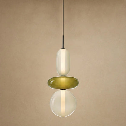 Suspension verre coloré Zuccara, trois perles à galet olive et crème, hauteur 39 cm