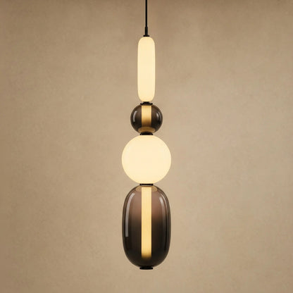 Suspension verre coloré Zuccara, quatre perles à bille noire et fumé, hauteur 69 cm