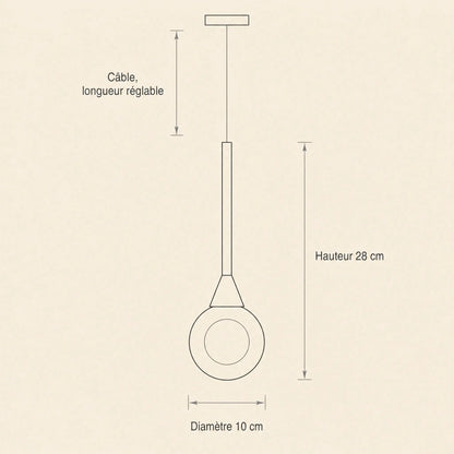 Schéma coté de la suspension Cendrys, boule de 10 cm de diamètre, hauteur 28 cm, câble réglable