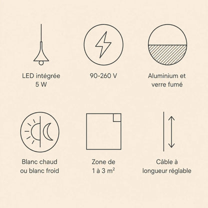 Caractéristiques de la suspension Cendrys, LED intégrée 5 W, 90-260 V, aluminium et verre fumé