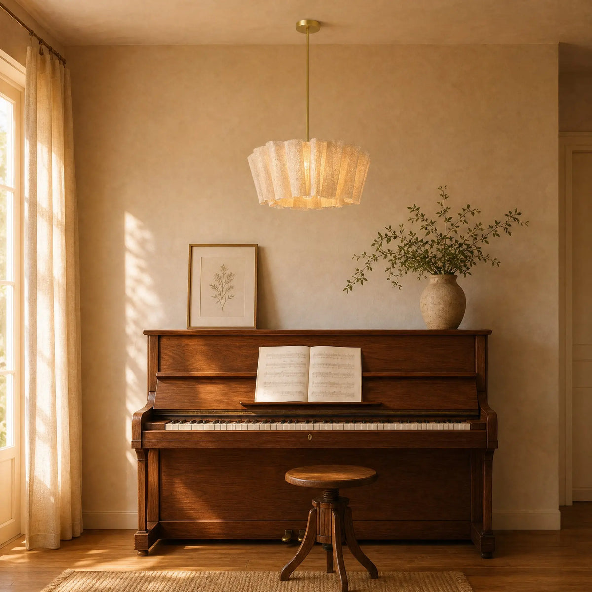 Suspension Rinaya sur tige dorée Ø 50 cm allumée au-dessus d'un piano droit | Delvanie