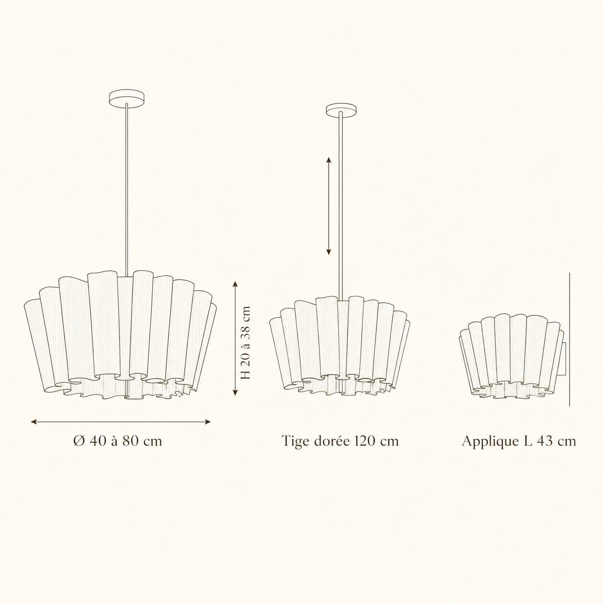 Schéma coté de la suspension en tissu Rinaya, Ø 40 à 80 cm, tige 120 cm, applique L 43 cm | Delvanie