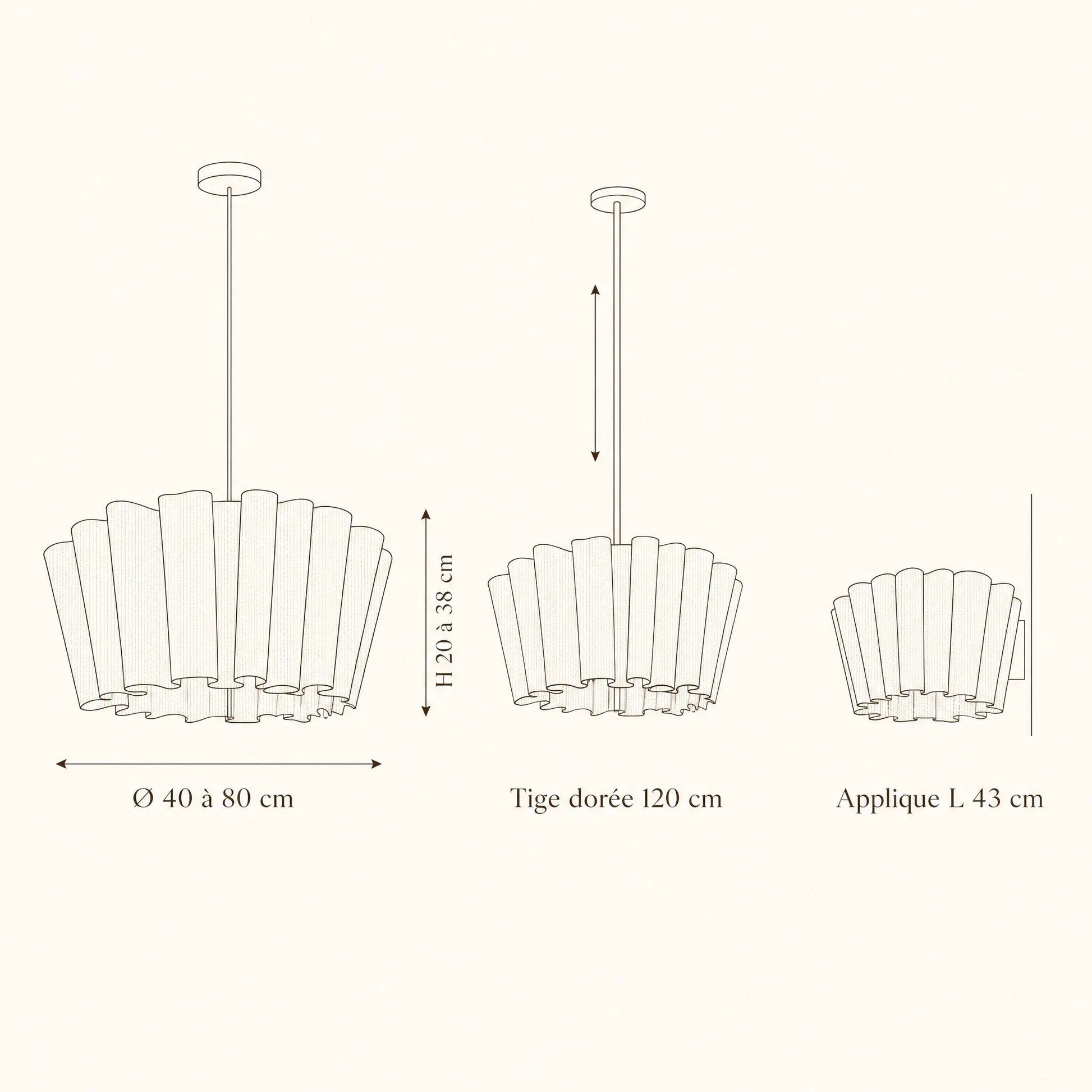 Schéma coté de la suspension en tissu Rinaya, Ø 40 à 80 cm, tige 120 cm, applique L 43 cm | Delvanie