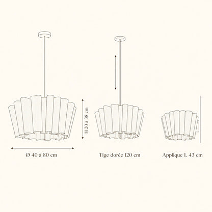 Schéma coté de la suspension en tissu Rinaya, Ø 40 à 80 cm, tige 120 cm, applique L 43 cm | Delvanie