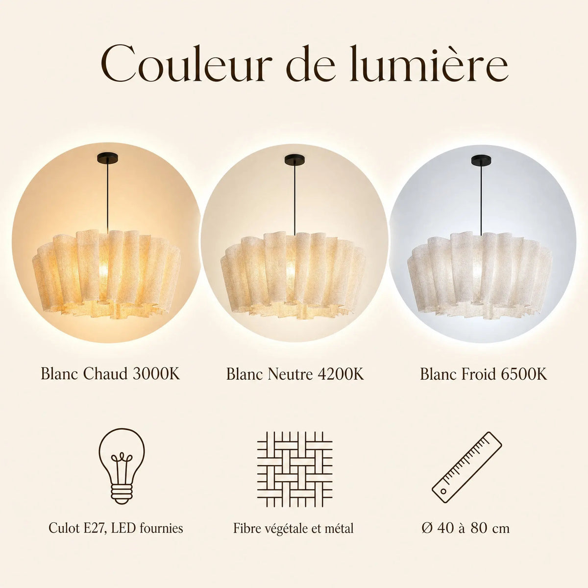 Couleurs de lumière de la suspension Rinaya : blanc chaud 3000K, neutre 4200K, froid 6500K | Delvanie