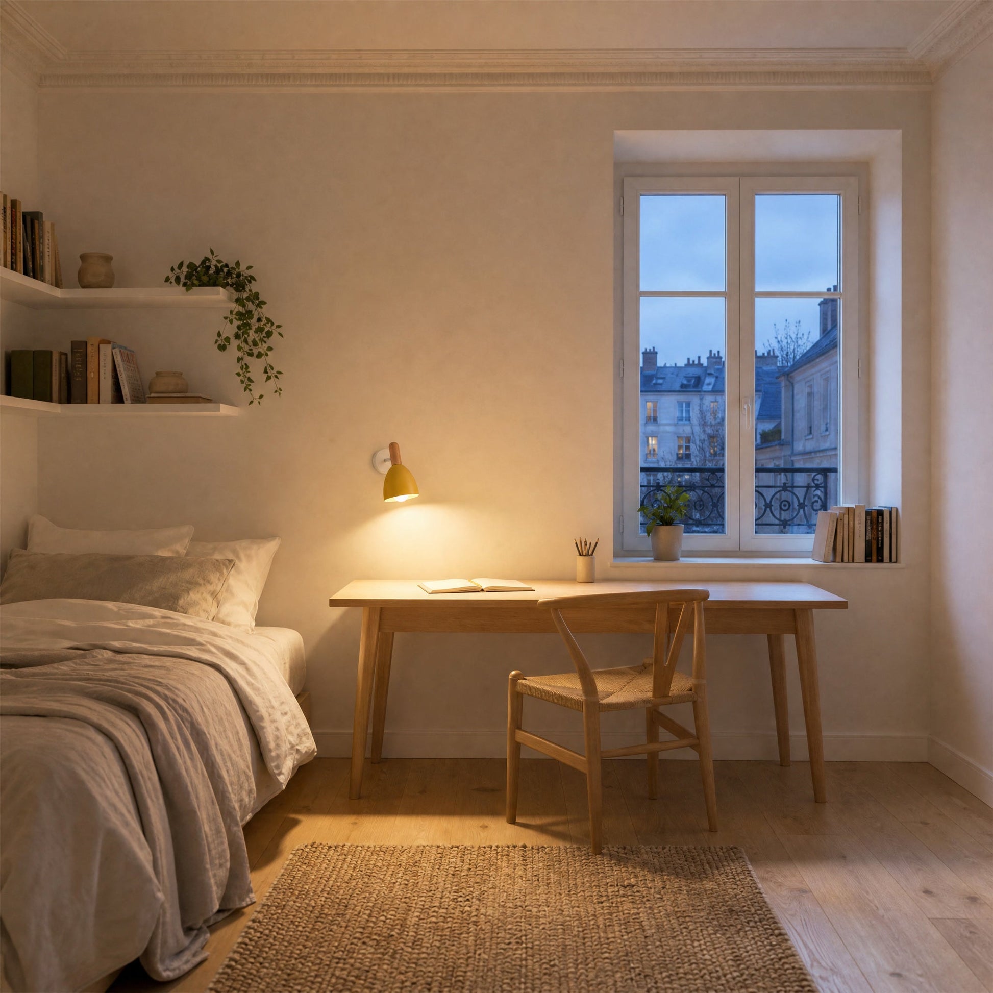 Applique murale scandinave jaune allumée au-dessus d'un bureau en bois clair, chambre au crépuscule | Delvanie