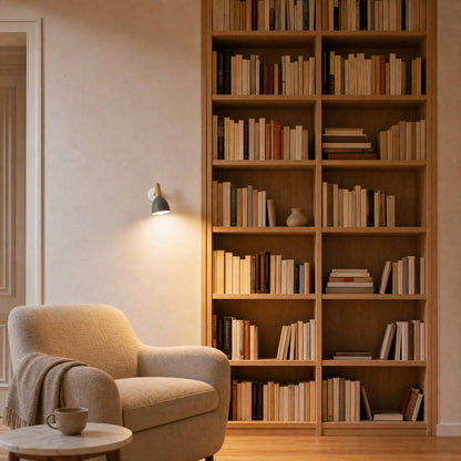 Applique murale scandinave grise allumée près d'une bibliothèque en chêne, coin lecture le soir | Delvanie