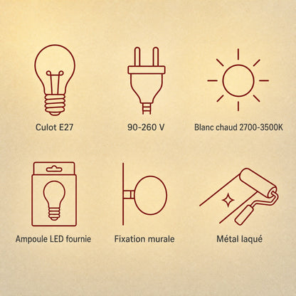 Caracteristiques de l'applique murale Nolvina, culot E27, 90-260 V, ampoule LED fournie | Delvanie