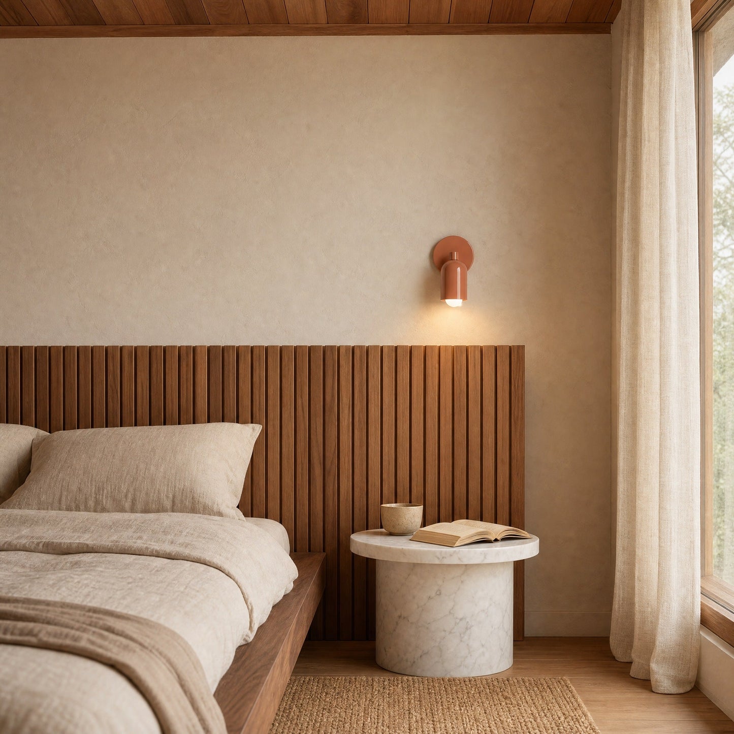Applique murale Nolvina terracotta allumee au chevet d'une chambre japandi | Delvanie