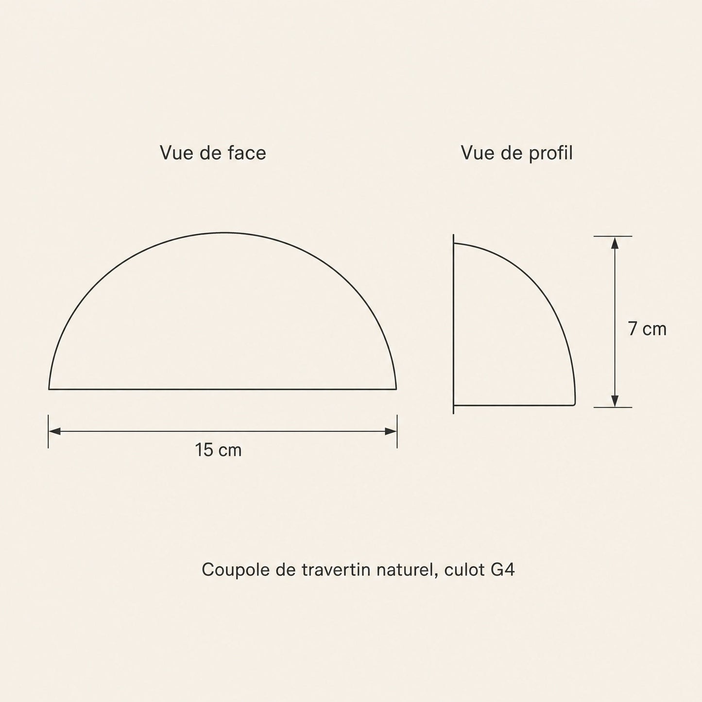 Schéma coté de l'applique murale demi-lune, 15 cm de large et 7 cm de haut | Delvanie
