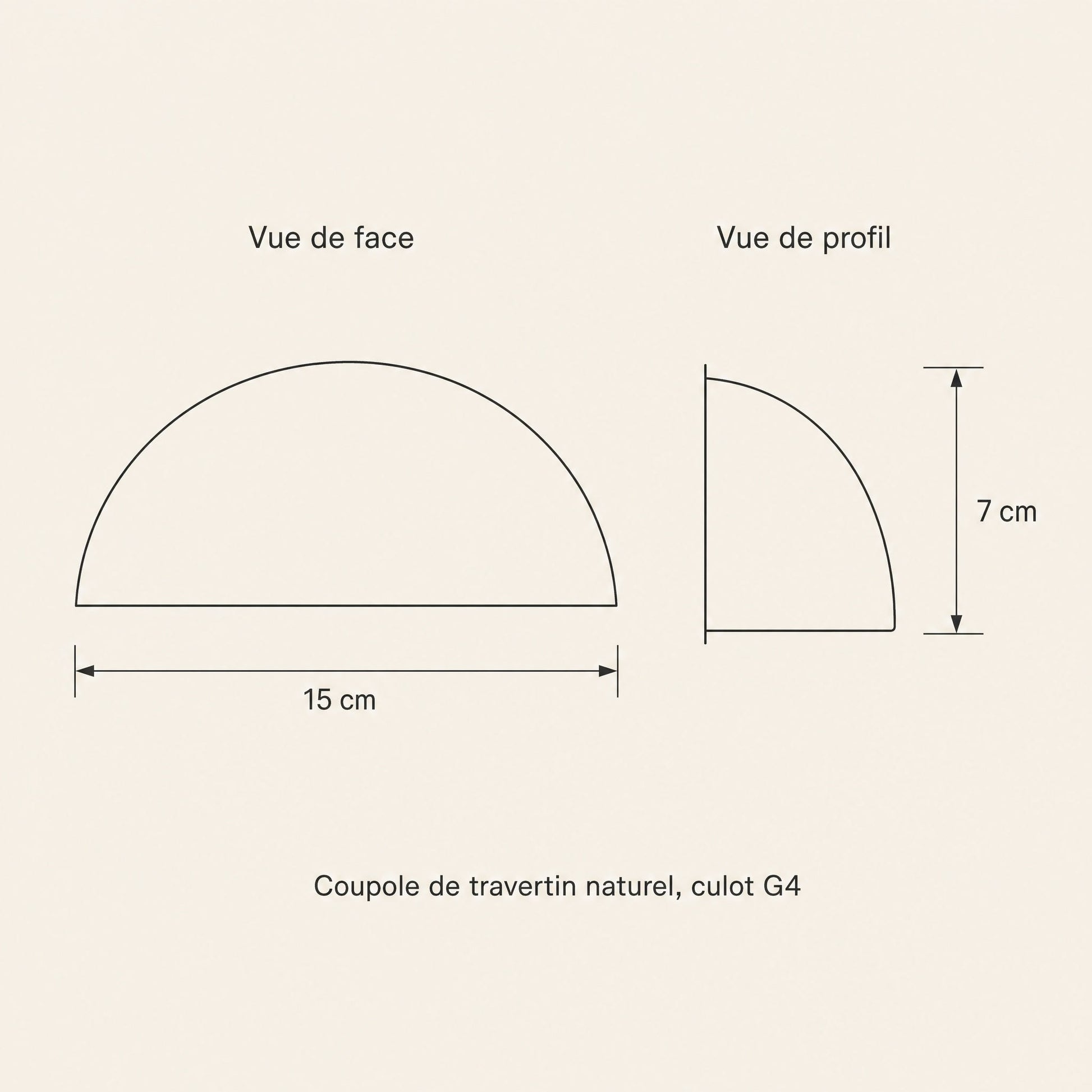Schéma coté de l'applique murale demi-lune, 15 cm de large et 7 cm de haut | Delvanie