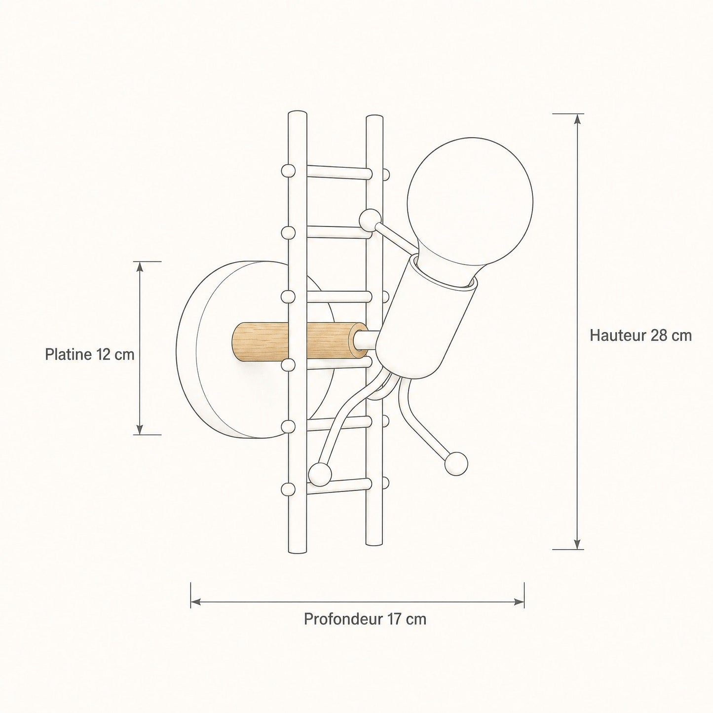 Schema cote de l applique murale Divaro, hauteur 28 cm, platine 12 cm, profondeur 17 cm | Delvanie