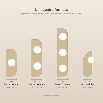 Schéma coté des quatre formats de l'applique murale globe en travertin | Delvanie